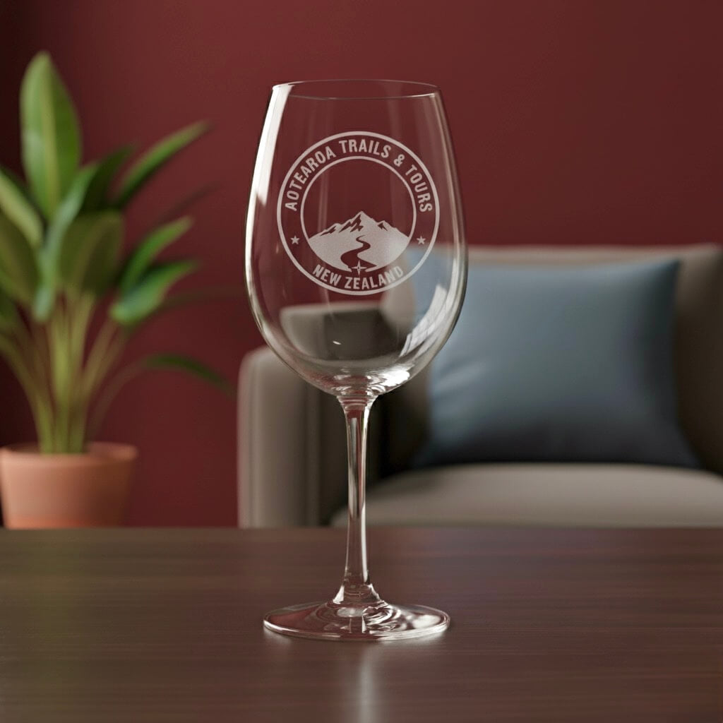 Personalised corporate wine glass with engraved logo, perfect for client gifting in NZ.