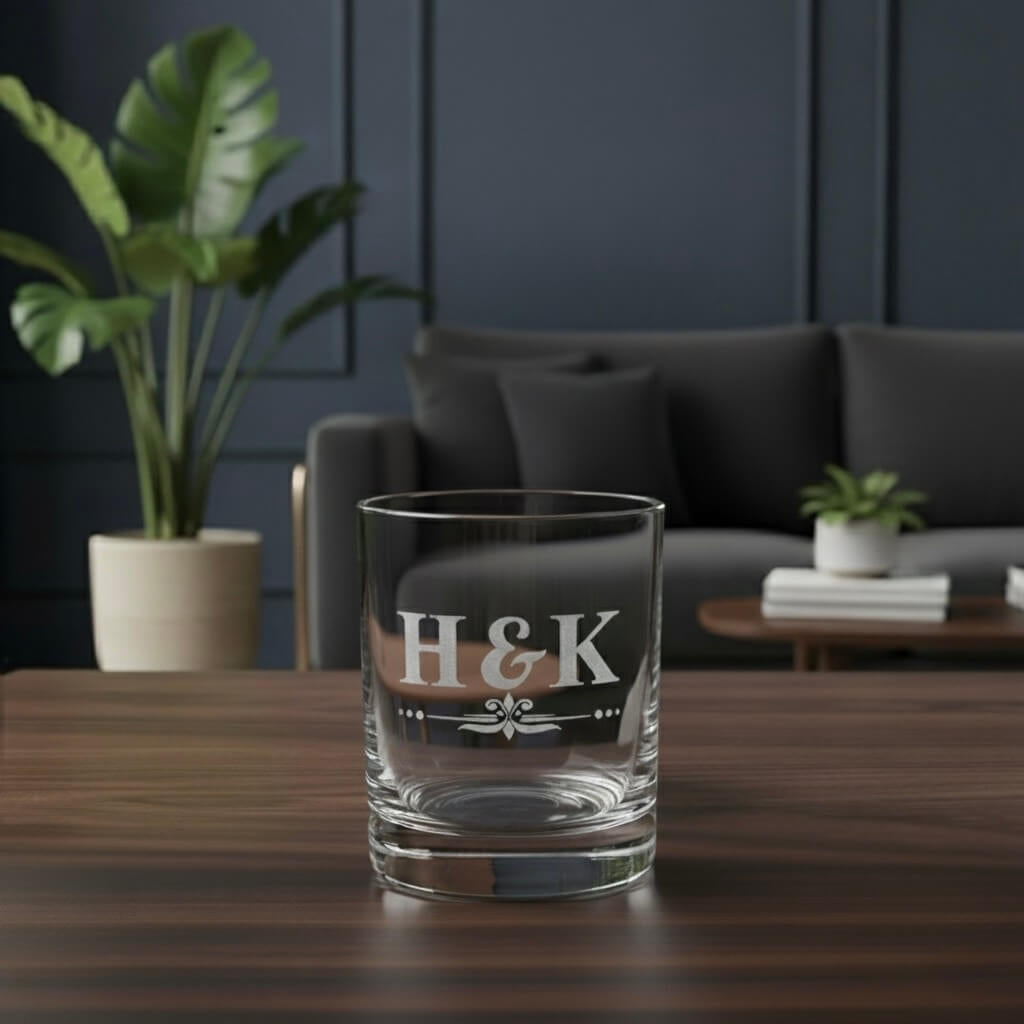 Personalised couple's whiskey glass with H&K monogram, great gift for anniversary or Valentine’s
