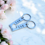Personalised date and name engraved couple's rectangle heart keychain set