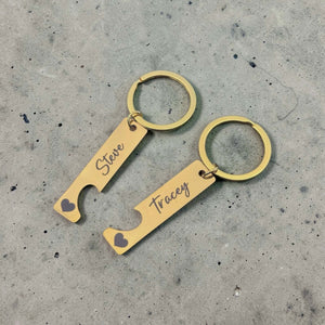 Personalised date and name engraved couple's rectangle heart keychain set