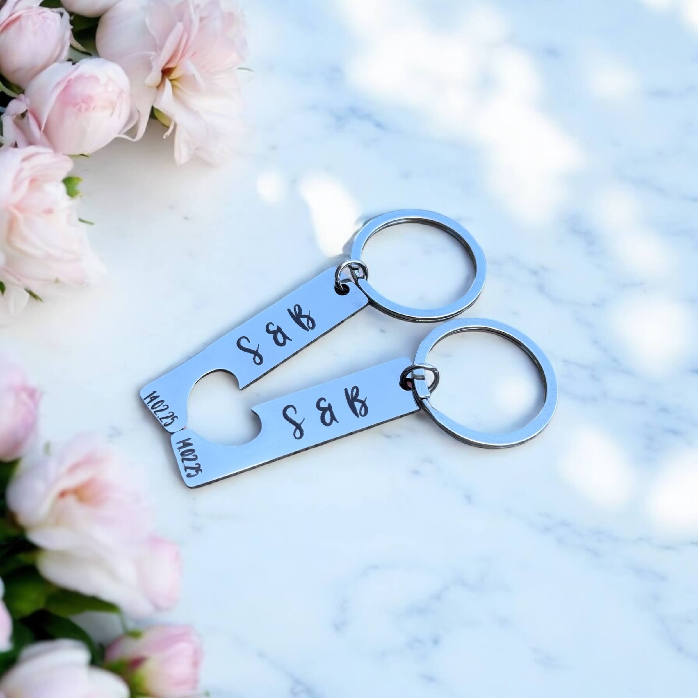 Personalised date and name engraved couple's rectangle heart keychain set