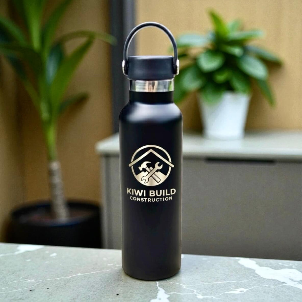 Personalised engraved stainless steel water bottle with custom logo on black finish.