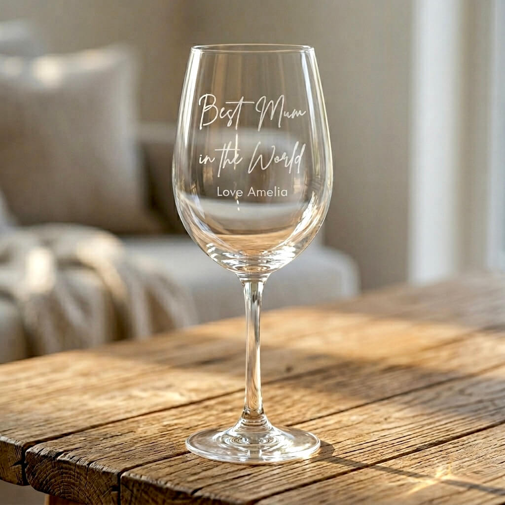Personalised engraved wine glass for Mum with "Best Mum in the World, Love Amelia" script engraving, close-up on rustic wooden table
