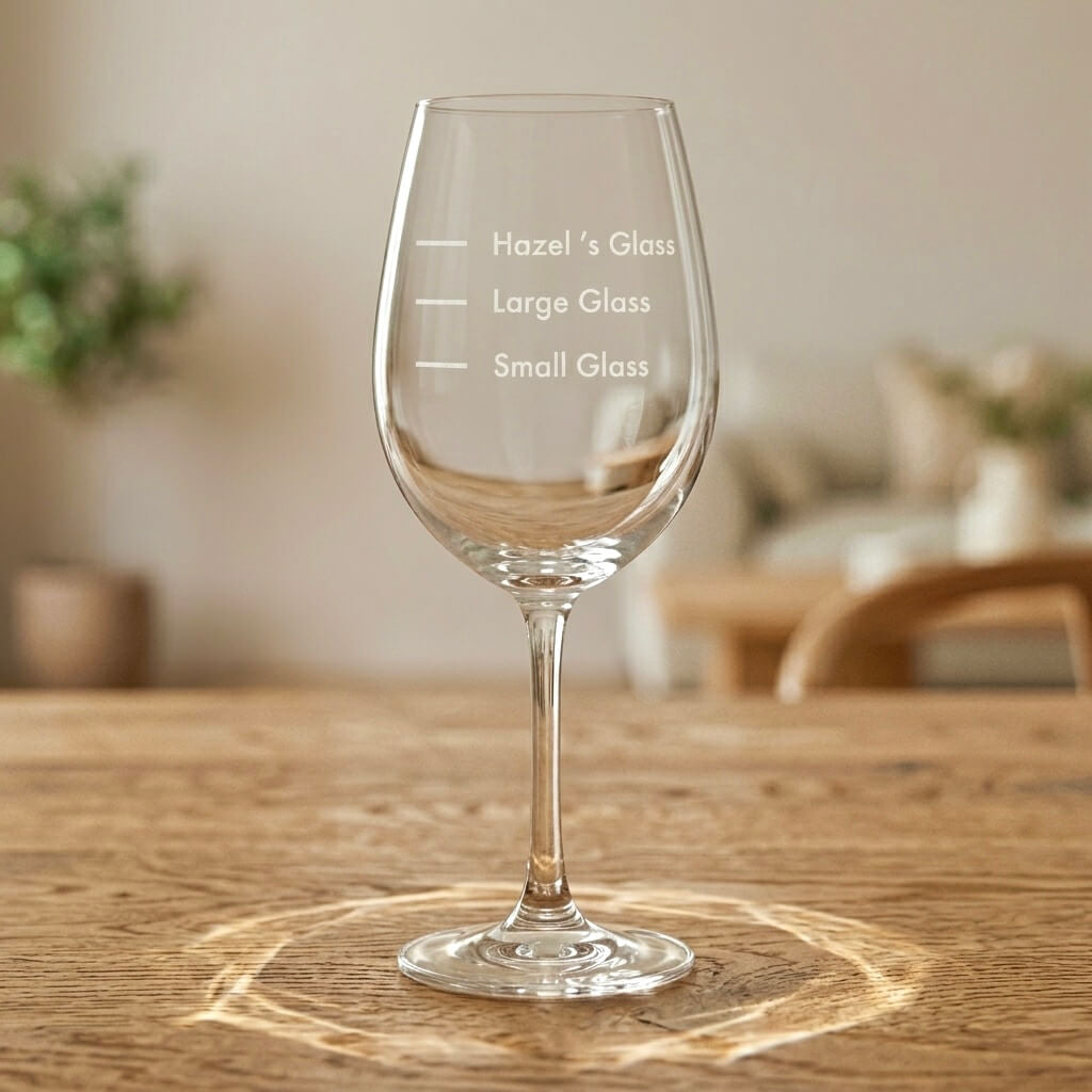 Personalised funny wine glass with Hazel’s Glass, Large Glass and Small Glass lines on a wooden table