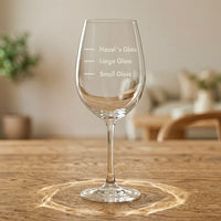 Personalised funny wine glass with Hazel’s Glass, Large Glass and Small Glass lines on a wooden table