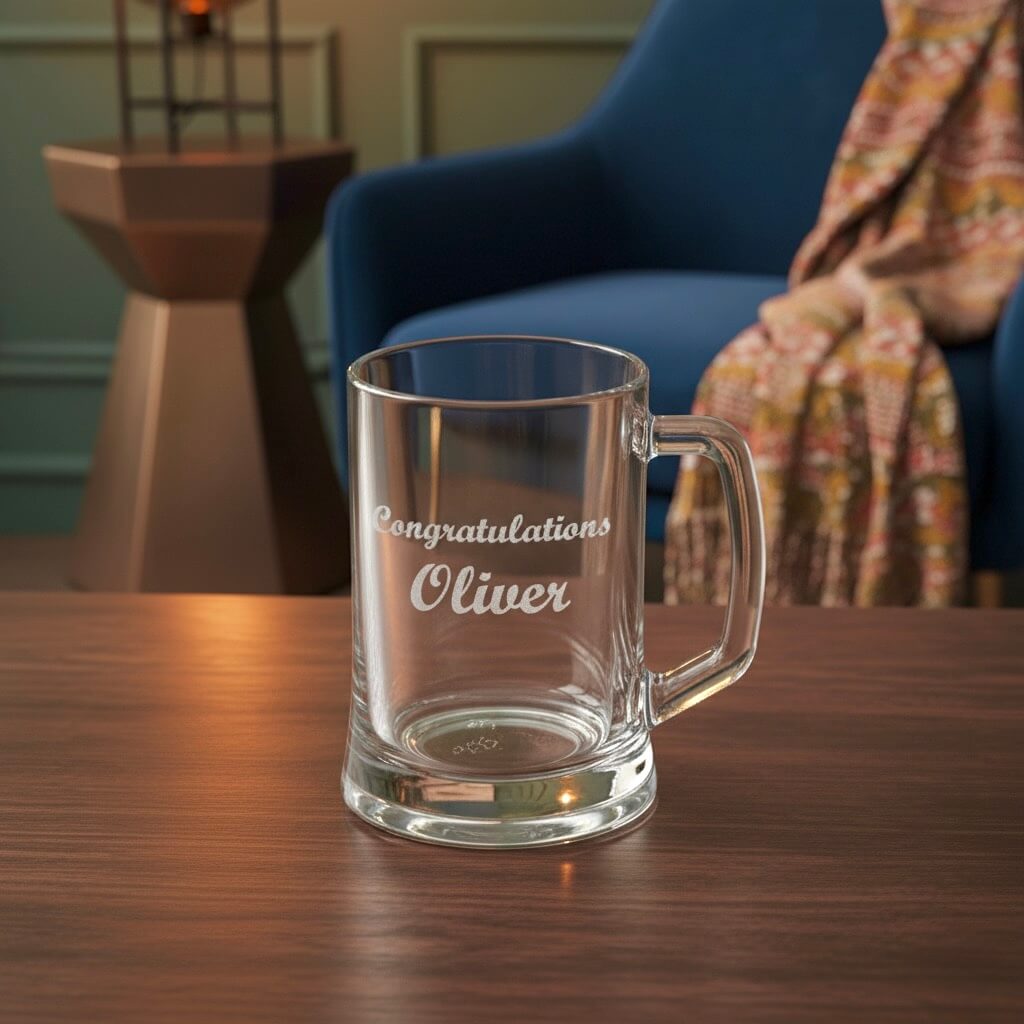 Personalised glass beer handle engraved with “Congratulations Oliver” displayed on wooden table in cosy modern living room