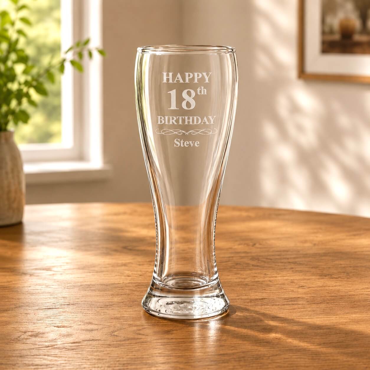 Personalised glass beer mug with 'Happy 18th Birthday Steve' engraving on a wooden table.