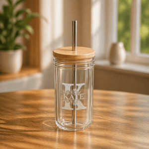 Personalised glass jar tumbler with metal straw and bamboo lid, laser engraved with floral K monogram and name Kate, warm home setting