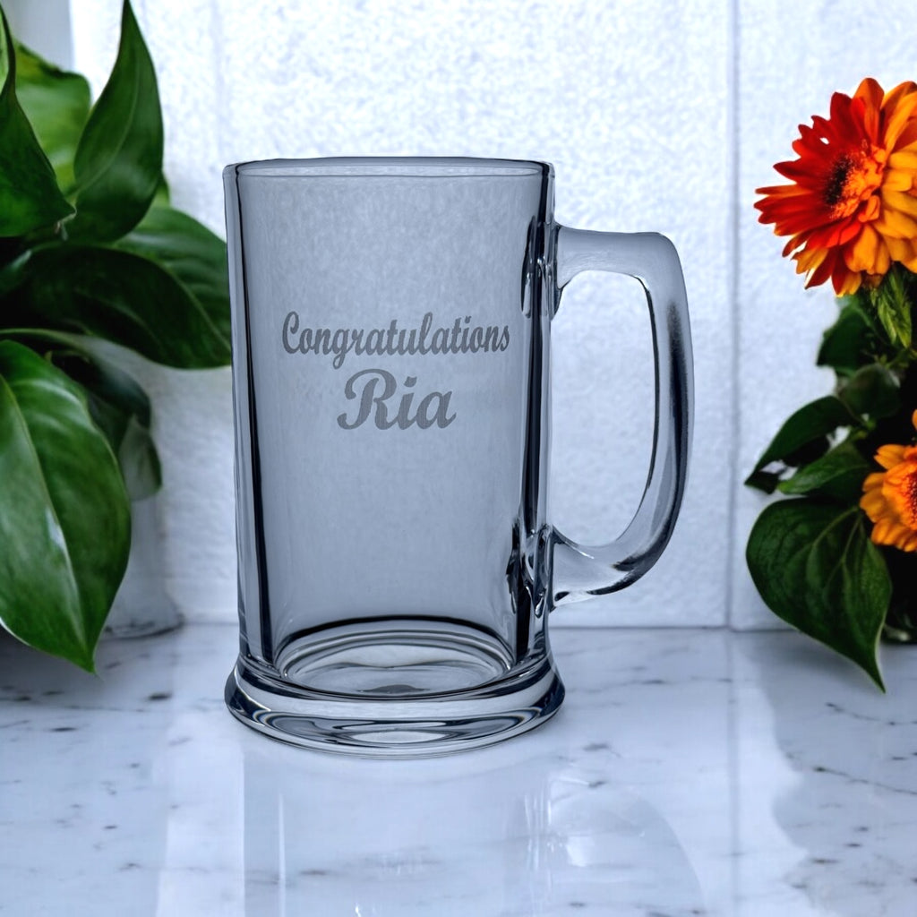 Personalised graduation beer glass with custom engraved name and congratulations message