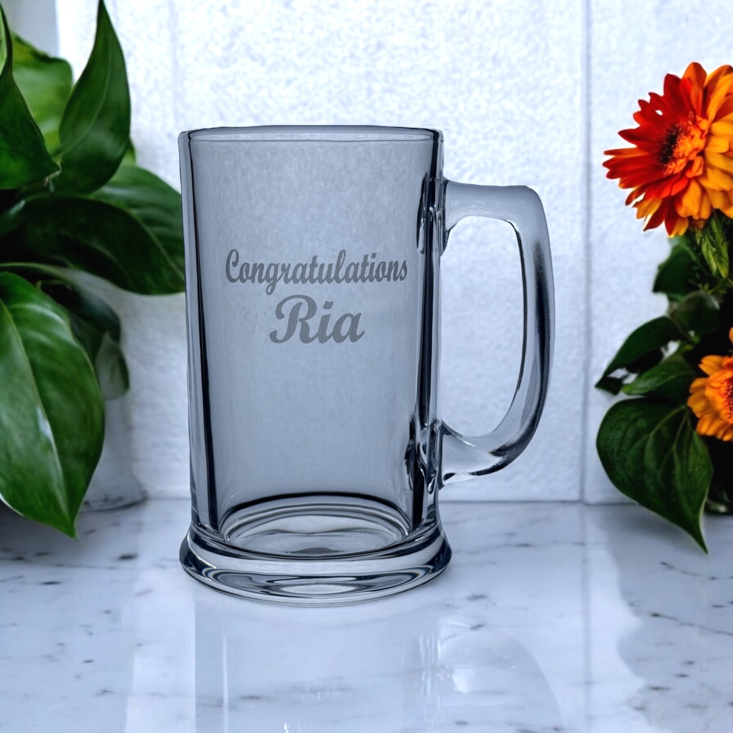 Personalised graduation beer glass with custom engraved name and congratulations message