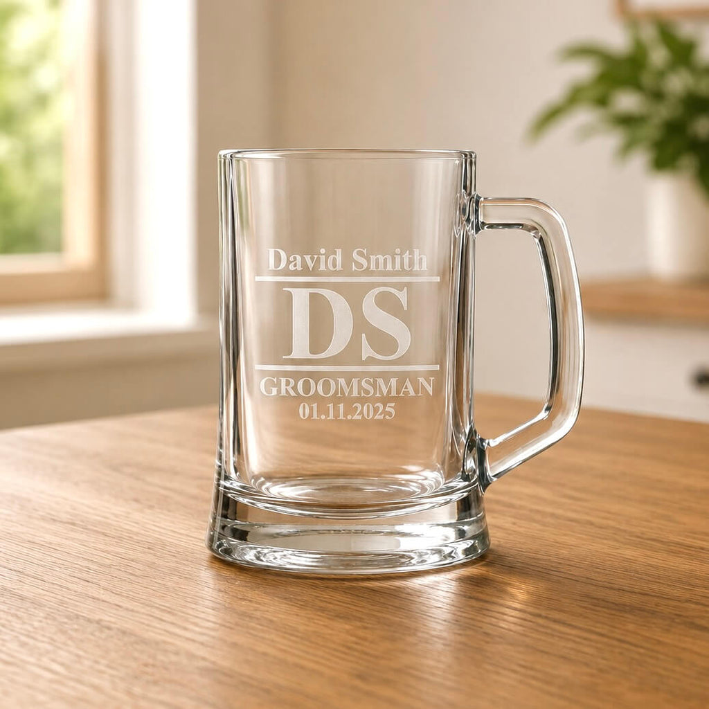 Personalised groomsman beer glass with frosted DS initials, name and clear handle
