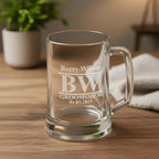 Personalised groomsmen beer mug engraved with initials BW and name Barry Wilson, elegant gift for wedding party