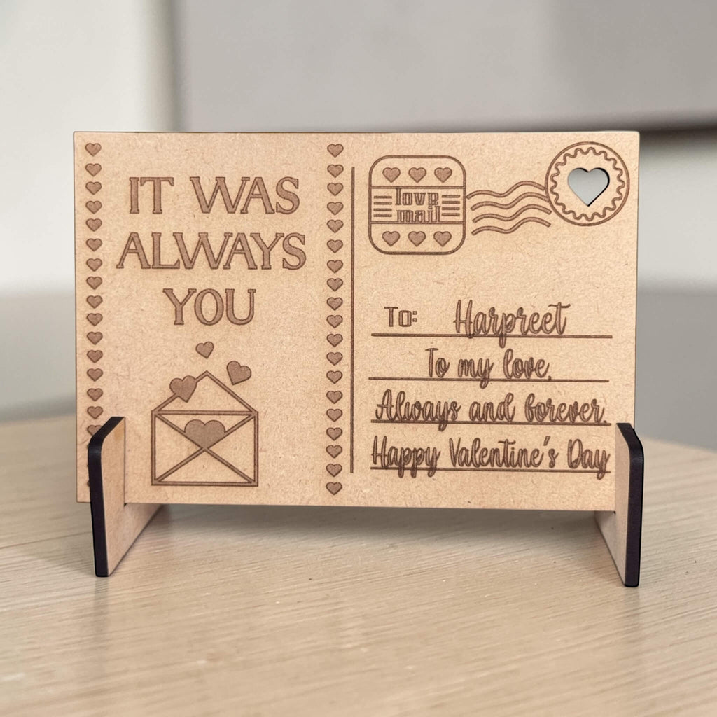 Personalised laser engraved wooden Valentine's Day postcard with stand, custom MDF love postcard with engraved name and message