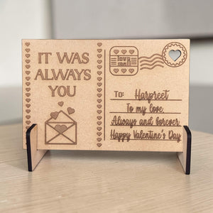 Personalised laser engraved wooden Valentine's Day postcard with stand, custom MDF love postcard with engraved name and message