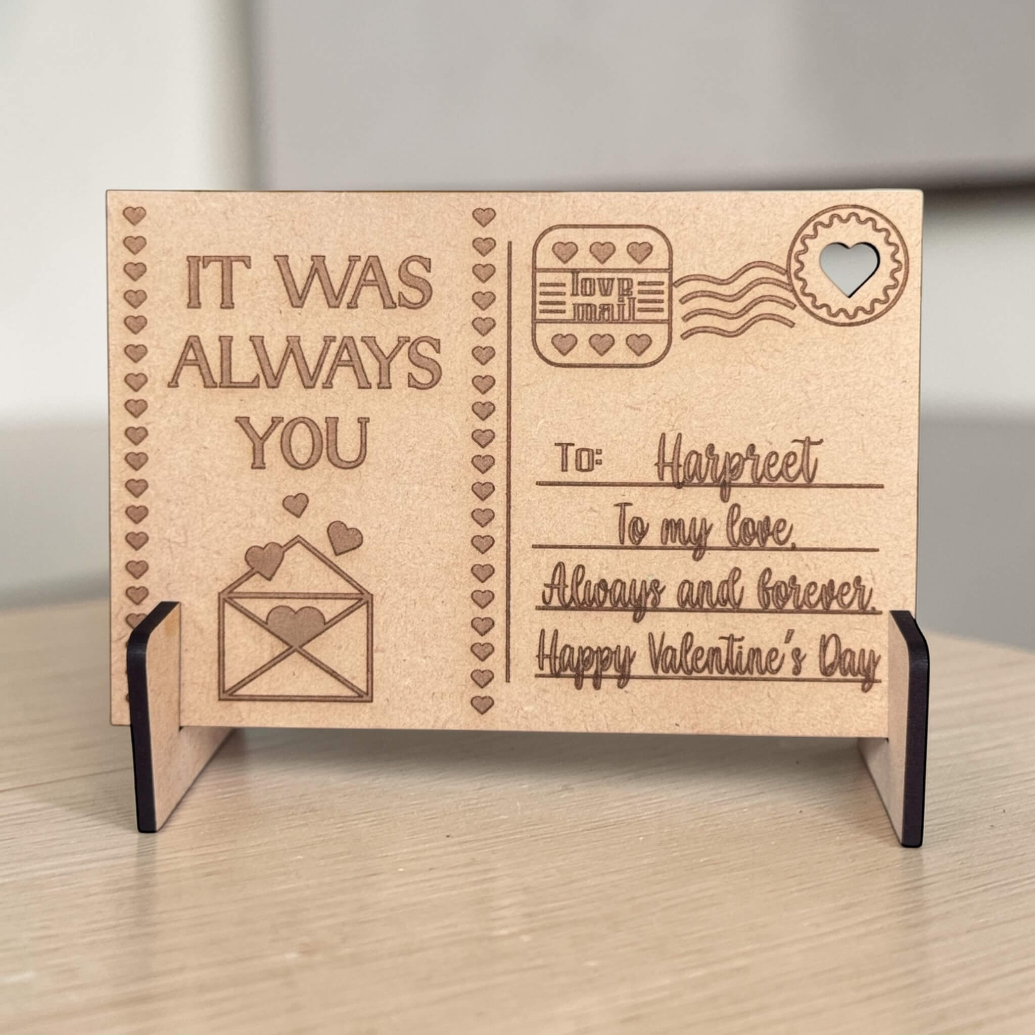 Personalised laser engraved wooden Valentine's Day postcard with stand, custom MDF love postcard with engraved name and message