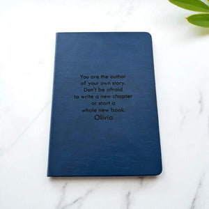 Personalised navy journal with quote and name Olivia, custom inspirational notebook gift for her