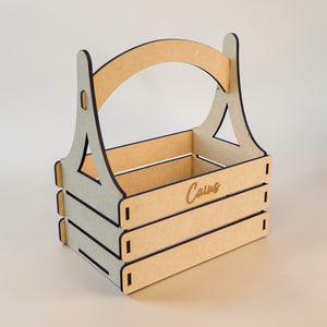 Personalised newborn gift basket made from MDF with engraved baby name on the front