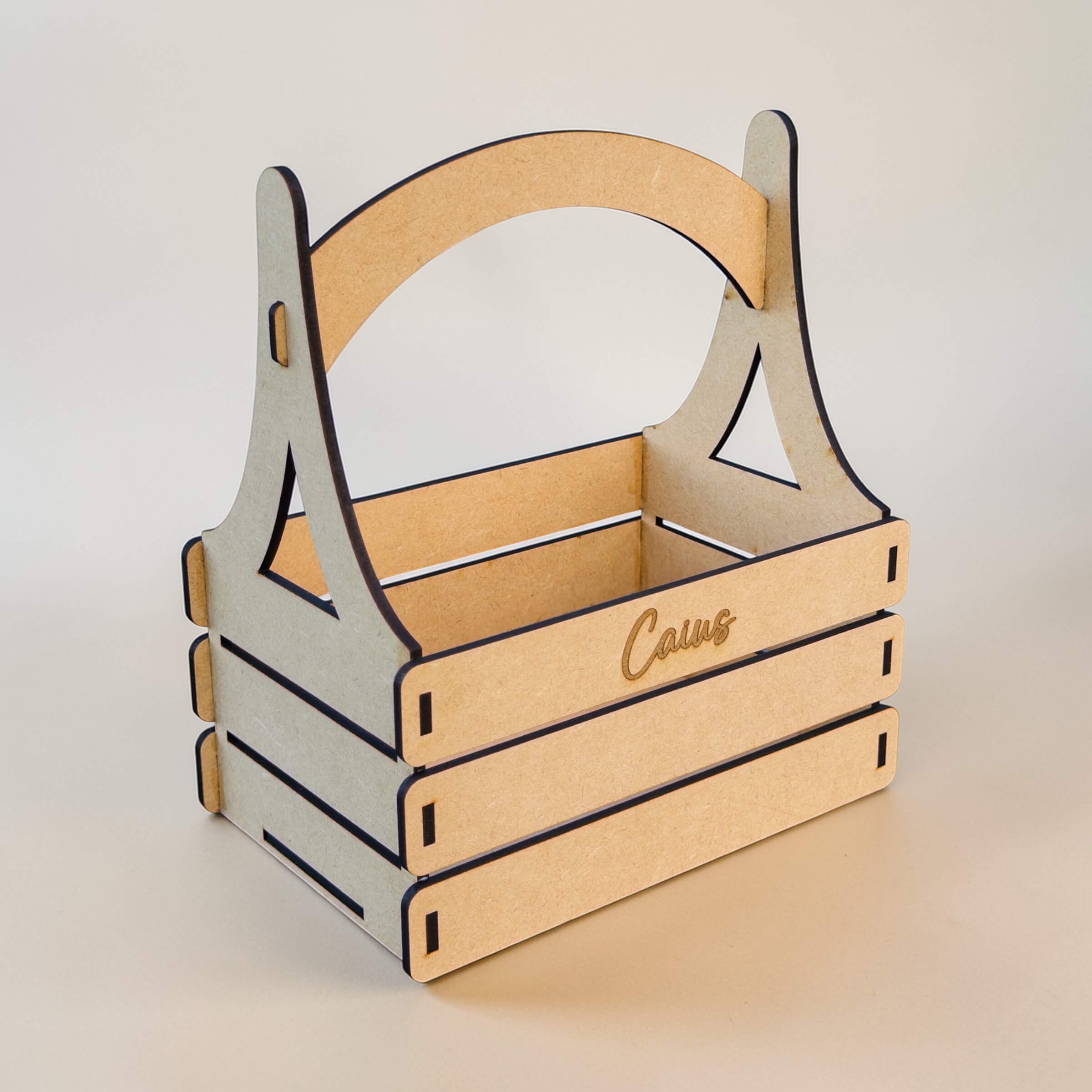Personalised newborn gift basket made from MDF with engraved baby name on the front