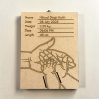 Personalised newborn keepsake plaque with engraved birth details on MDF