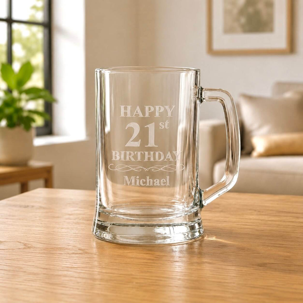 Personalised pint glass with frosted 21st birthday engraving for Michael in a warm home setting