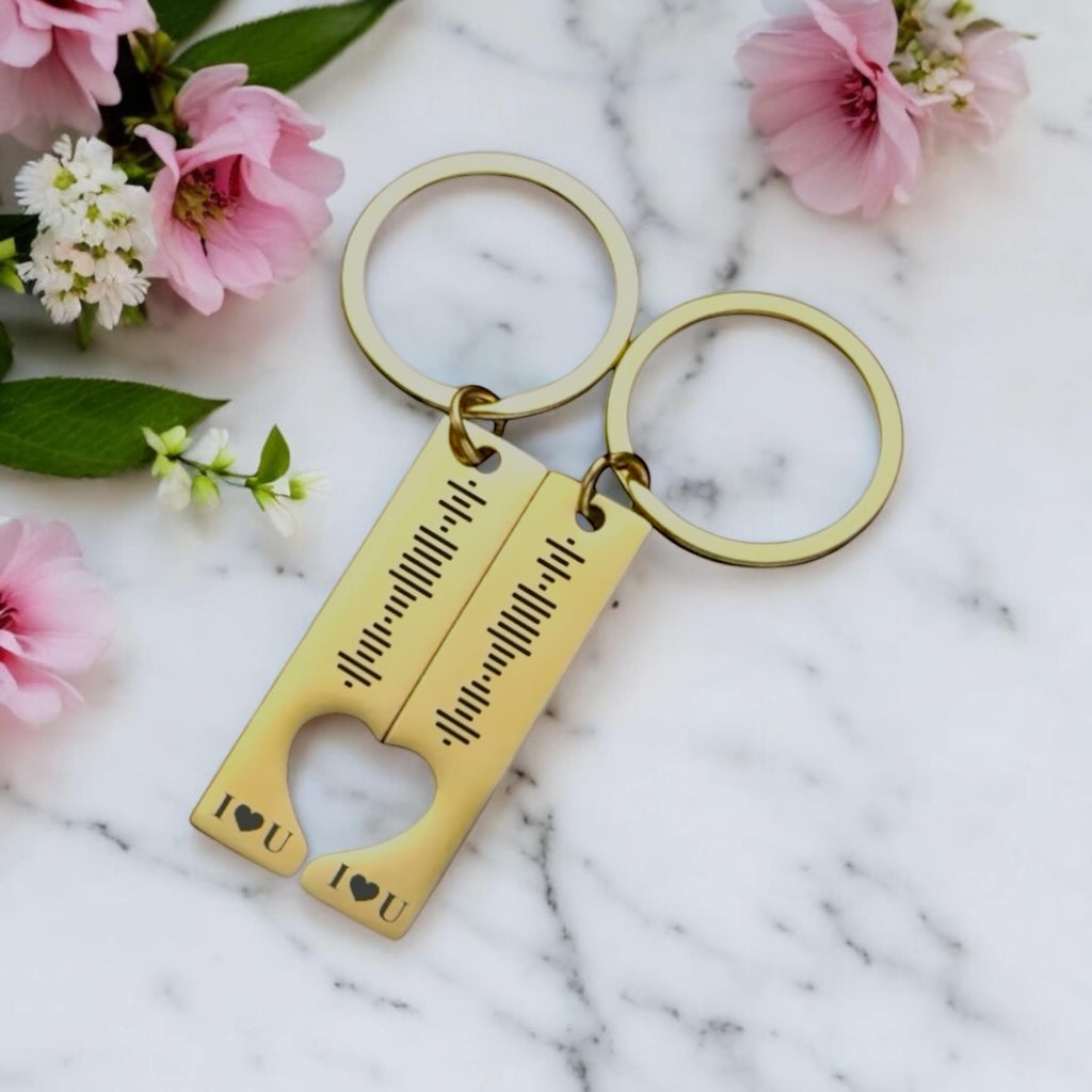 Personalised rectangle keyrings with half heart cut-out and custom engraving