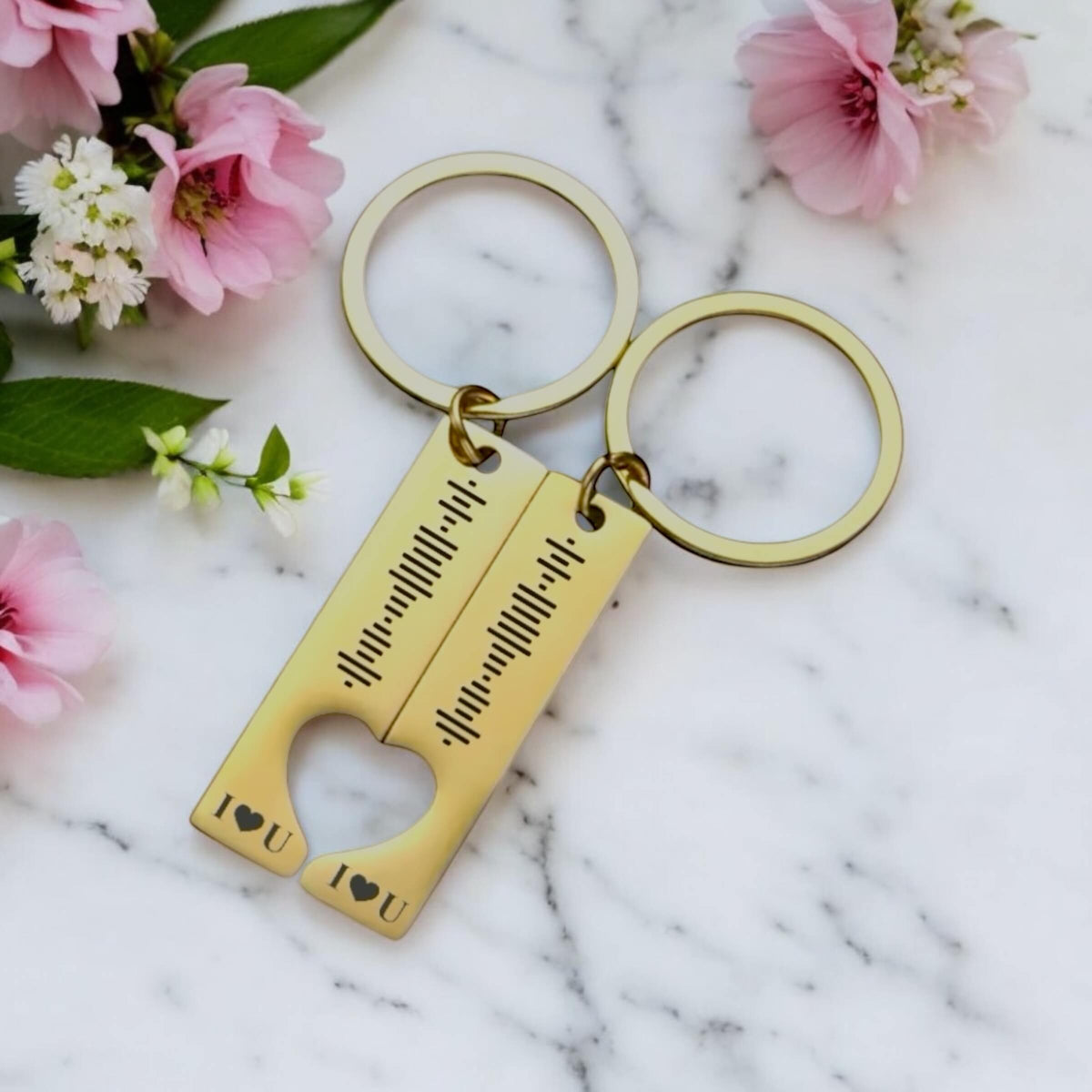 Personalised rectangle keyrings with half heart cut-out and custom engraving