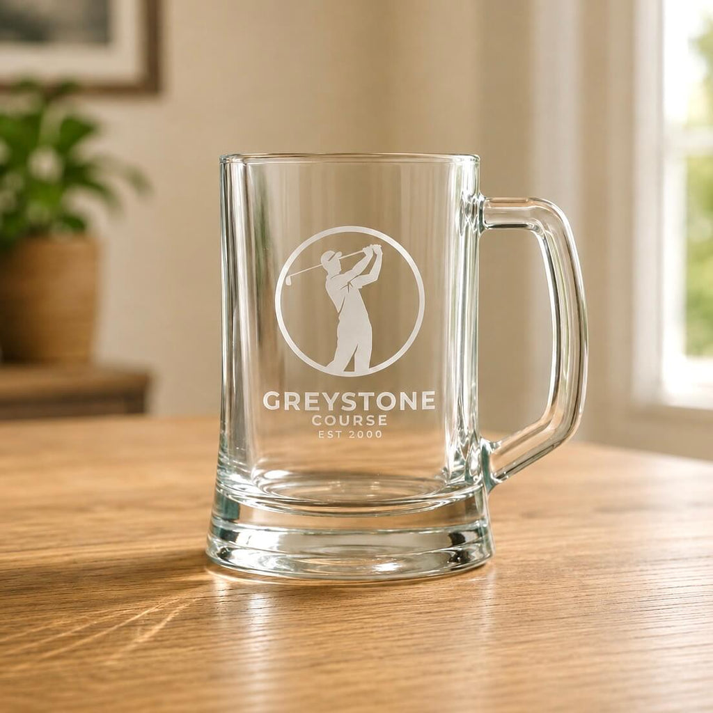 Personalised staff award beer glass with frosted golfer logo and clear handle