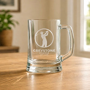 Personalised staff award beer glass with frosted golfer logo and clear handle