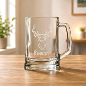 Personalised stag beer glass with frosted deer design, Roman name and clear handle