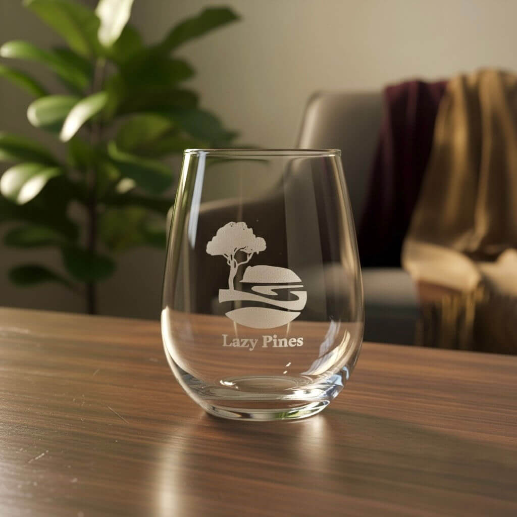 Personalised stemless wine glass engraved with business logo “Lazy Pines” on wooden table