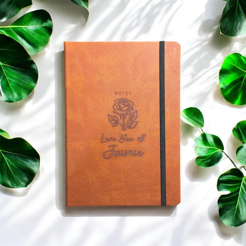 Personalised tan engraved journal with rose flower and love message