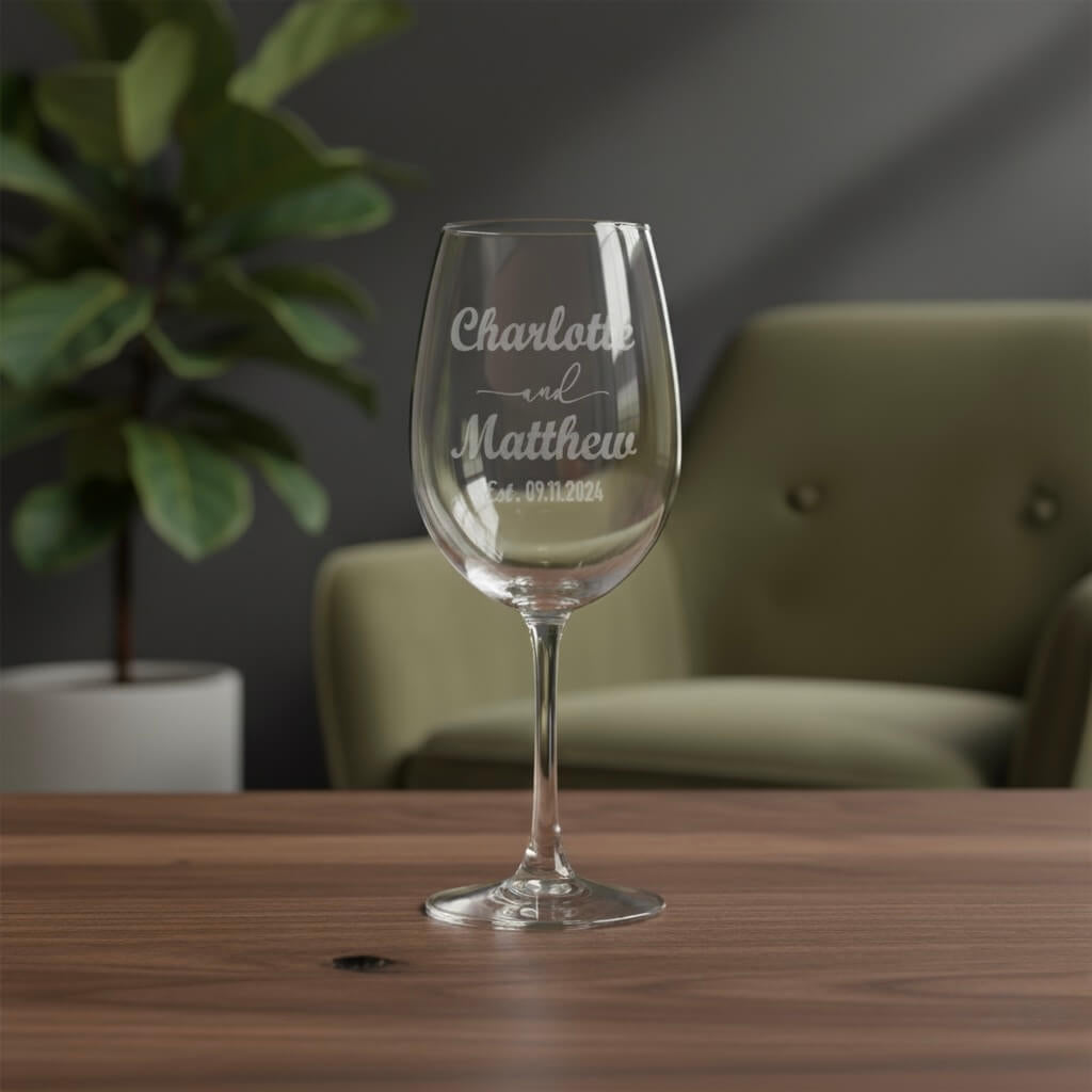 Personalised wedding wine glass engraved with Charlotte and Matthew names and date on wooden table