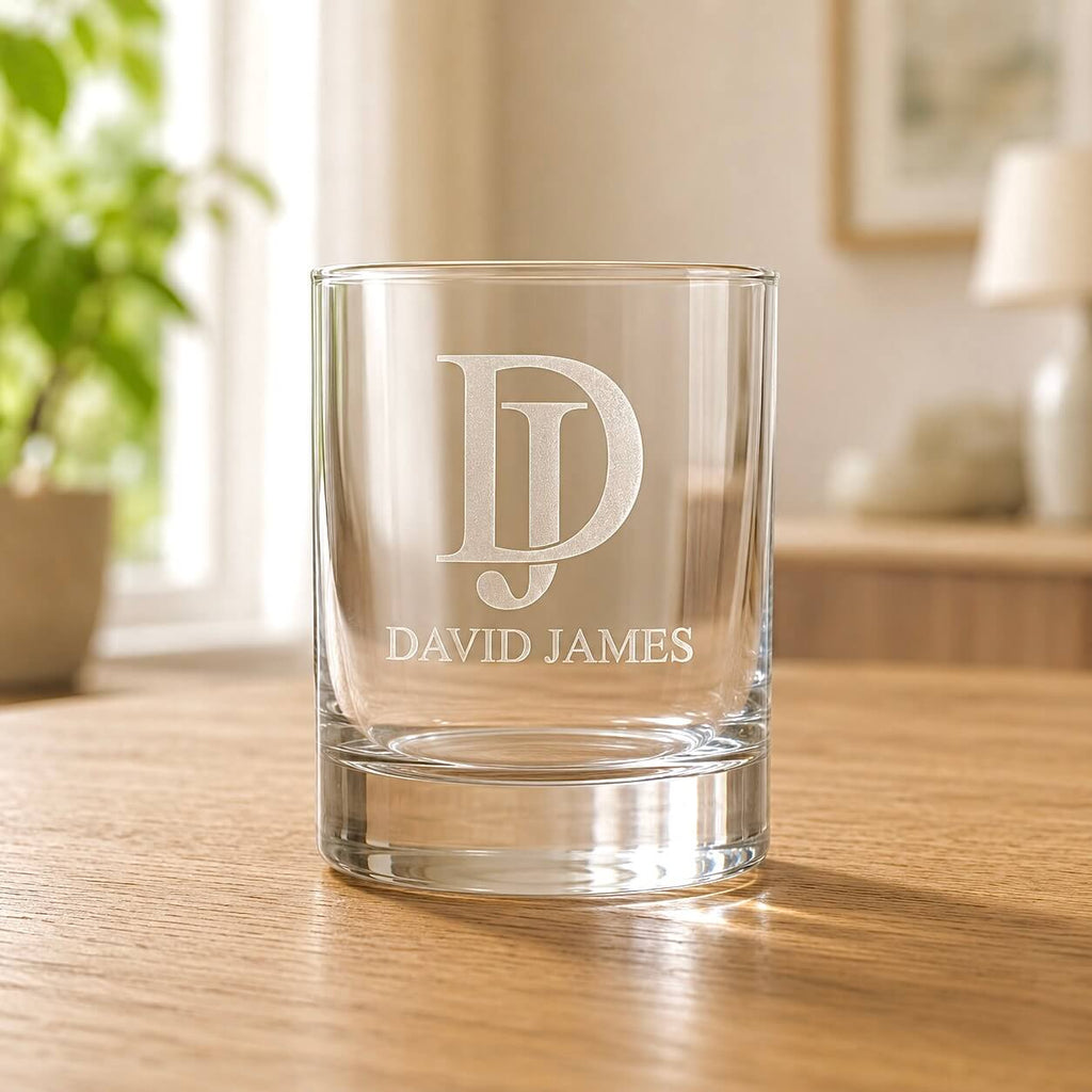 Personalised whiskey gift with etched initials and name on premium clear glass