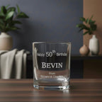 Personalised whiskey glass with Bevin name and Happy 50th Birthday message, milestone gift