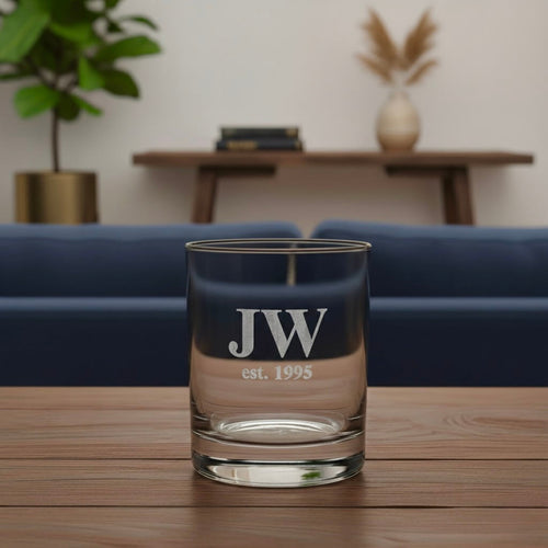 Personalised whiskey glass with JW and established year, ideal custom keepsake glass