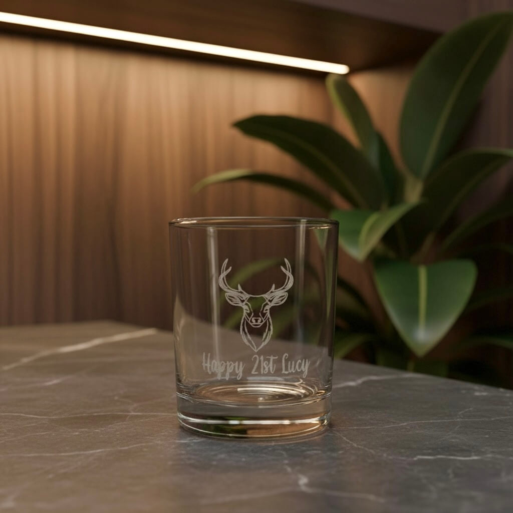 Personalised whiskey glass with stag design and Happy 21st Lucy engraving, 21st birthday gift idea