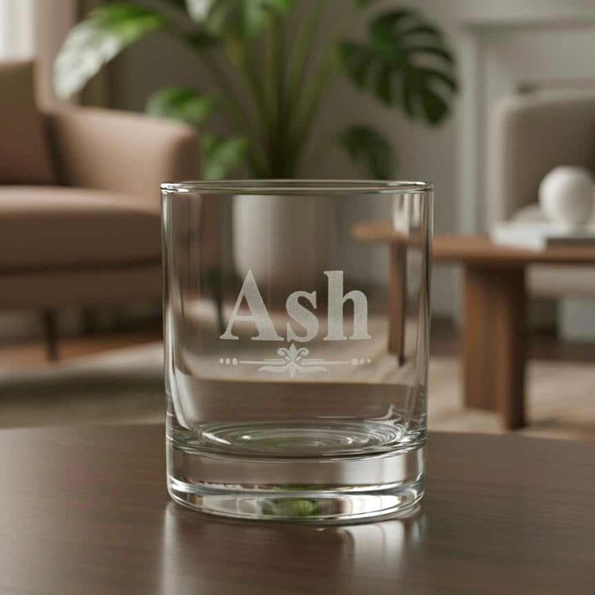 Personalised whisky tumbler with name Ash and scroll design, custom glass for him or dad