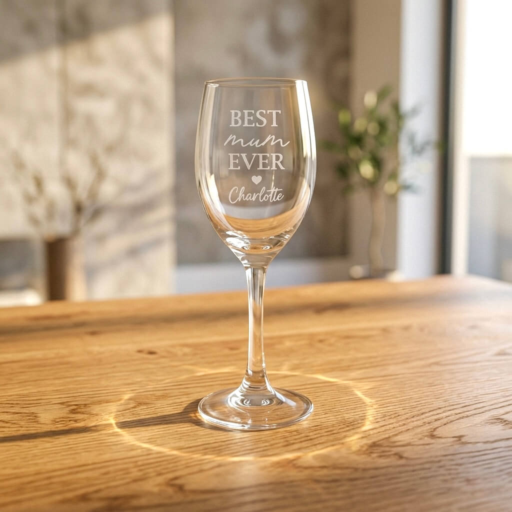 Personalised wine glass for Mum engraved with "Best Mum Ever" and the name Charlotte, on a rustic wooden table