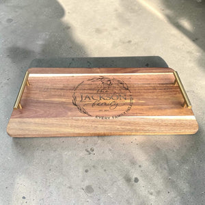 Personalised wooden serving board with brass handles engraved with family name wreath design, custom laser engraved platter perfect for wedding or anniversary gift NZ