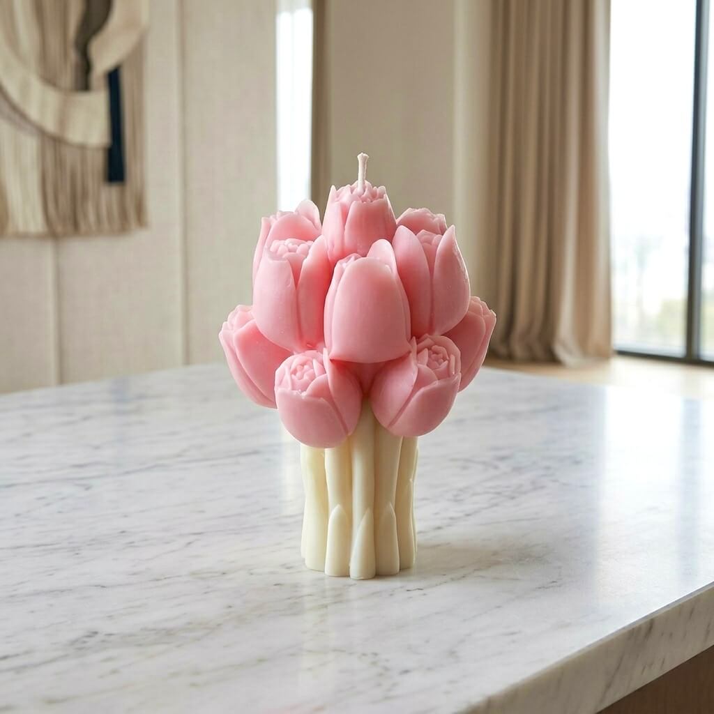 Pink tulip bouquet shaped soy wax candle on marble surface, decorative floral pillar candle with cream stems, luxury home decor gift