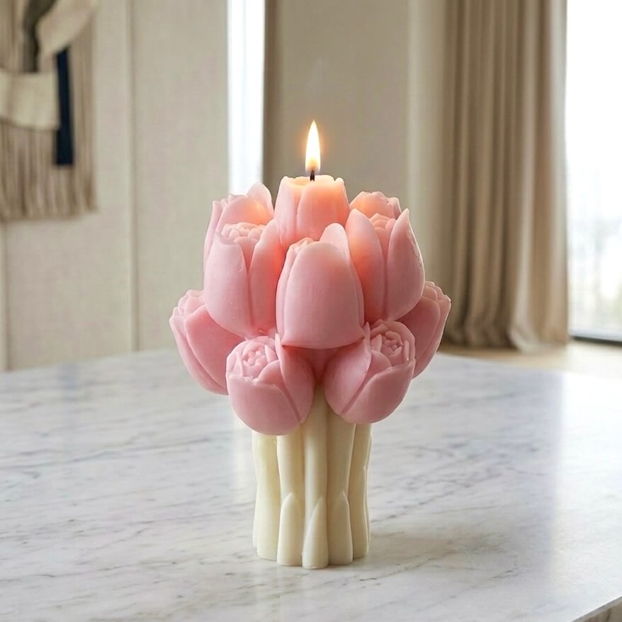 Pink tulip bouquet soy candle burning with flame, sculptural floral wax candle lit on marble bench, unique Mother's Day gift idea