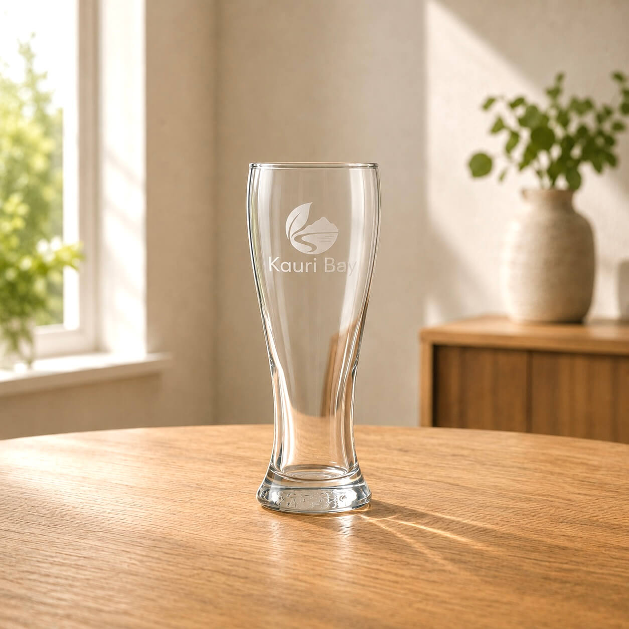 Promotional beer glass with logo, clear glass finish, and simple modern branding