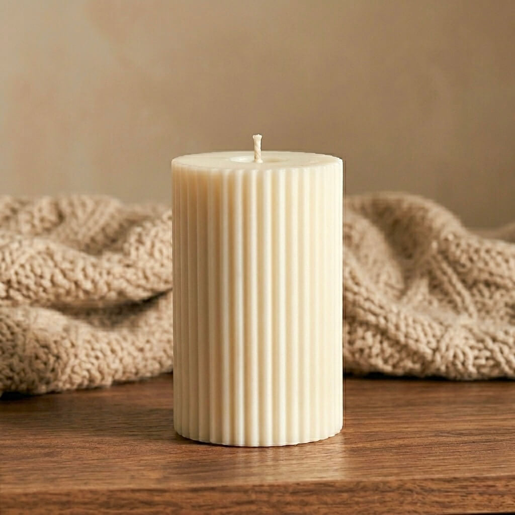Scented soy candle displayed on a wooden surface with a beige knitted blanket in the background