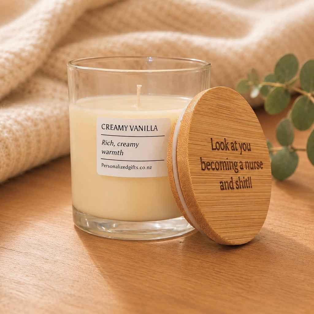 Scented soy candle with wooden lid, eucalyptus leaves and soft knitted fabric background