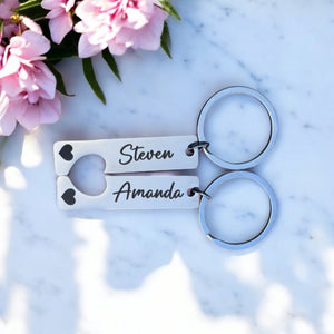 Silver rectangular keyrings with matching heart cut-outs for couples