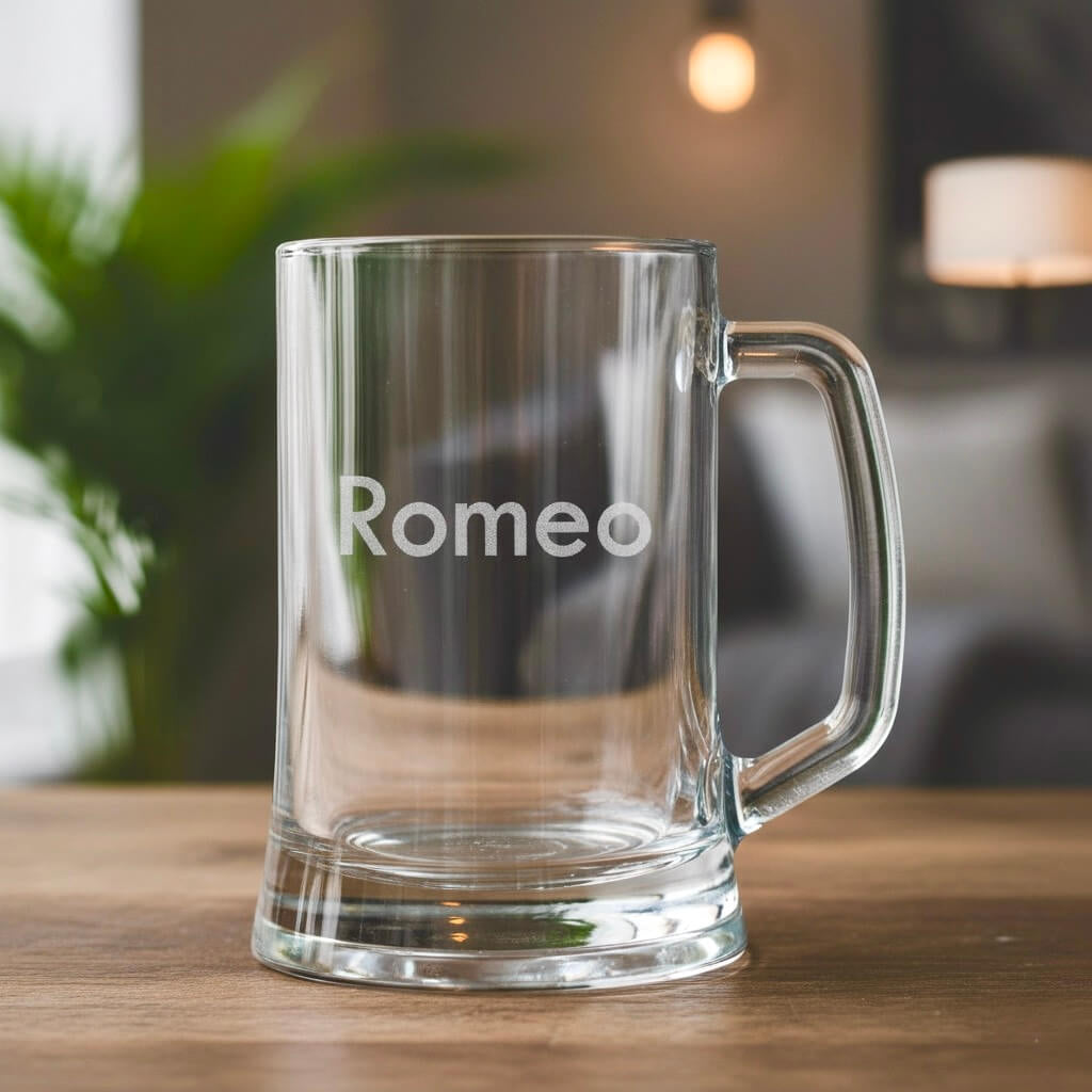 Simple engraved beer mug featuring name Romeo, personalised glass gift on wooden table in modern living room setting