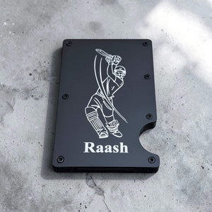 Slim aluminium card holder featuring a custom engraved graphic and personalised name