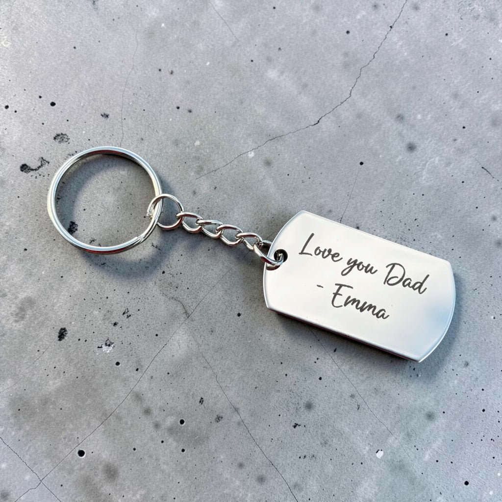 Stainless steel engraved keyring with short message for Dad and silver chain