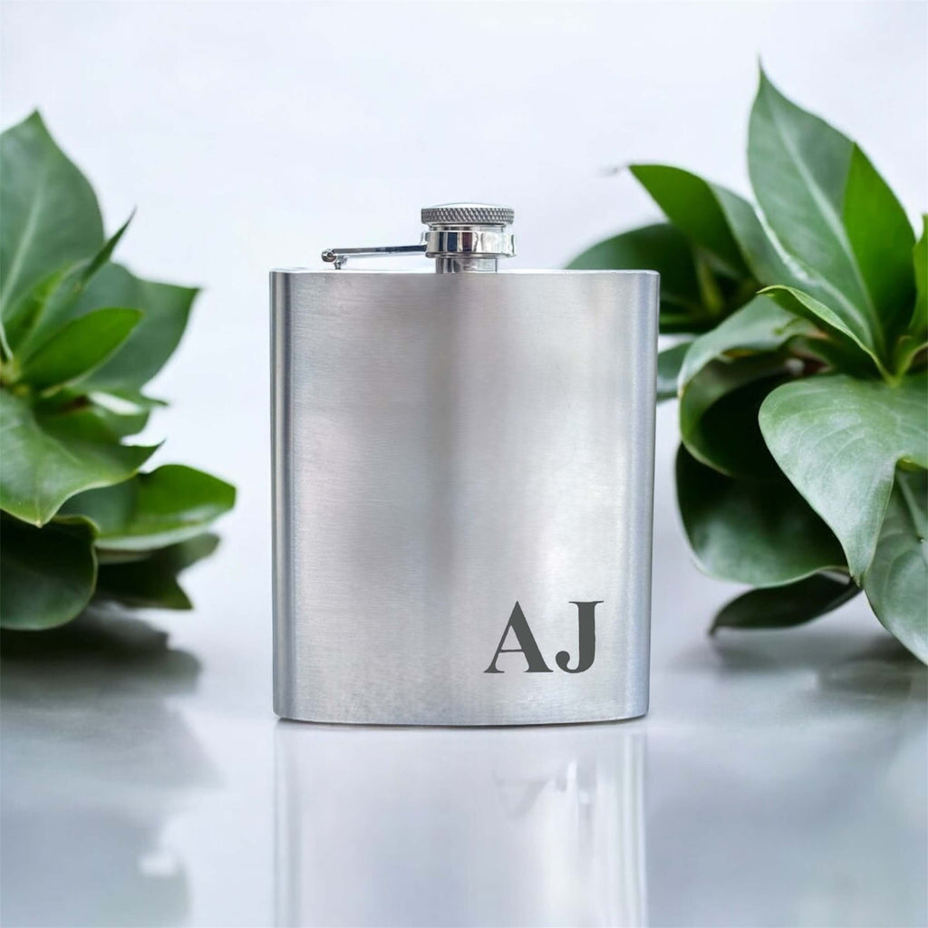 Stainless steel hip flask with initials engraved