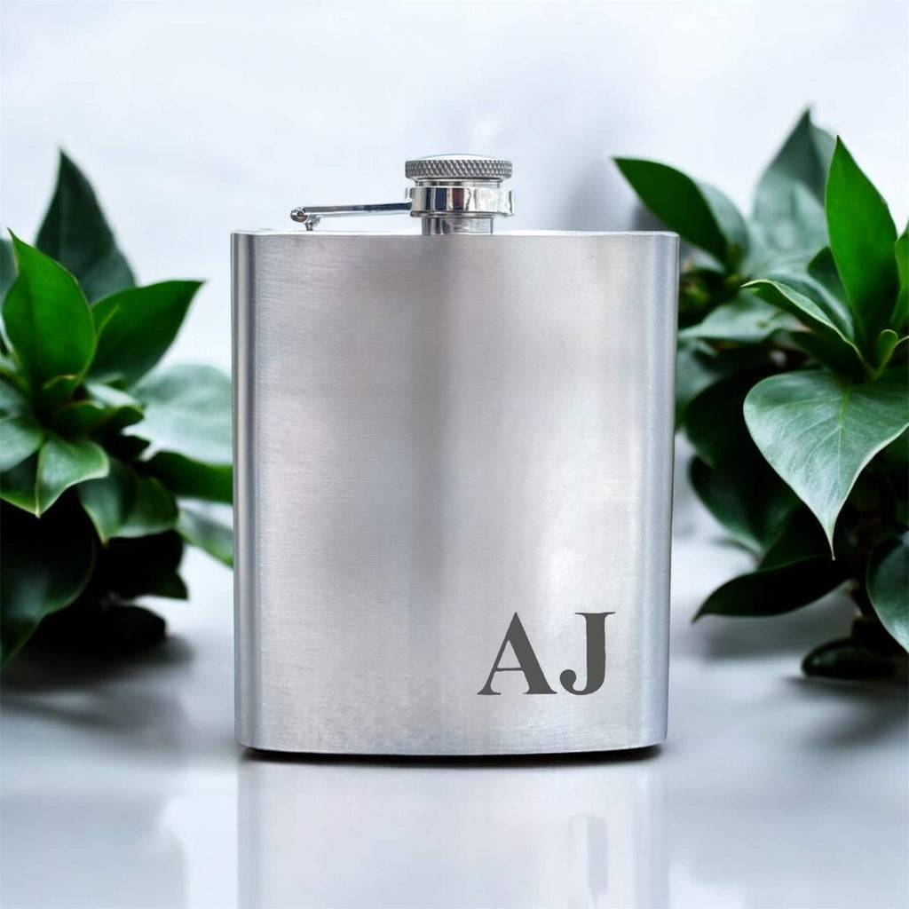 Stainless steel hip flask with initial engraved
